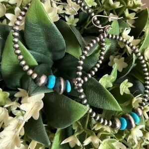 Silver and Turquoise Beaded Hoop Earrings